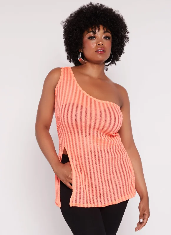 Plus Size Shadow Stripe One Shoulder Tank Top