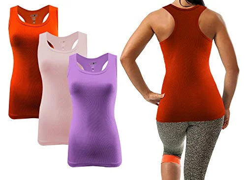 Sumona Ribbed Sleeveless Racerback L. Pink/Orange/L. Purple Tank Tops (3 Pack )