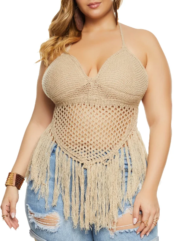 Plus Size Crochet Fringe Halter Top