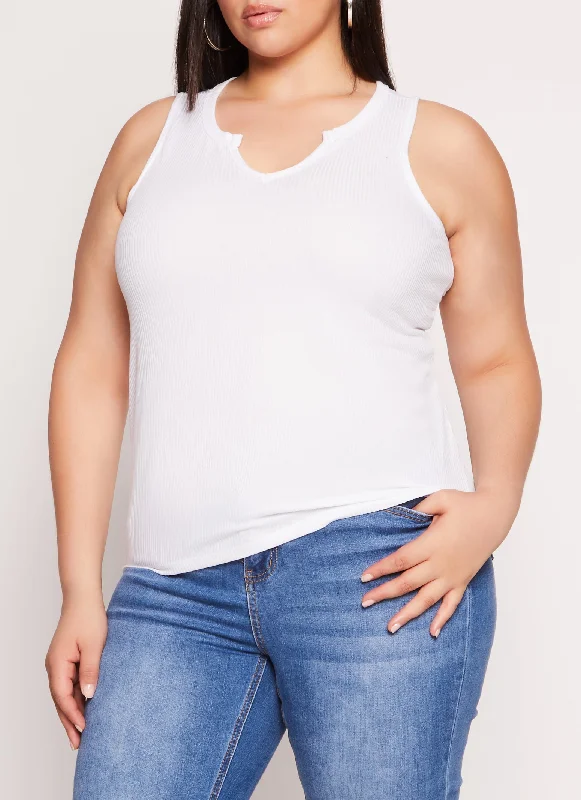 Plus Size Rib Knit Notch Neck Tank Top