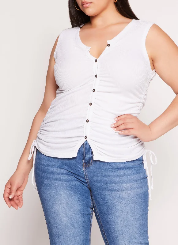 Plus Size Rib Knit Ruched Side Button Front Tank Top