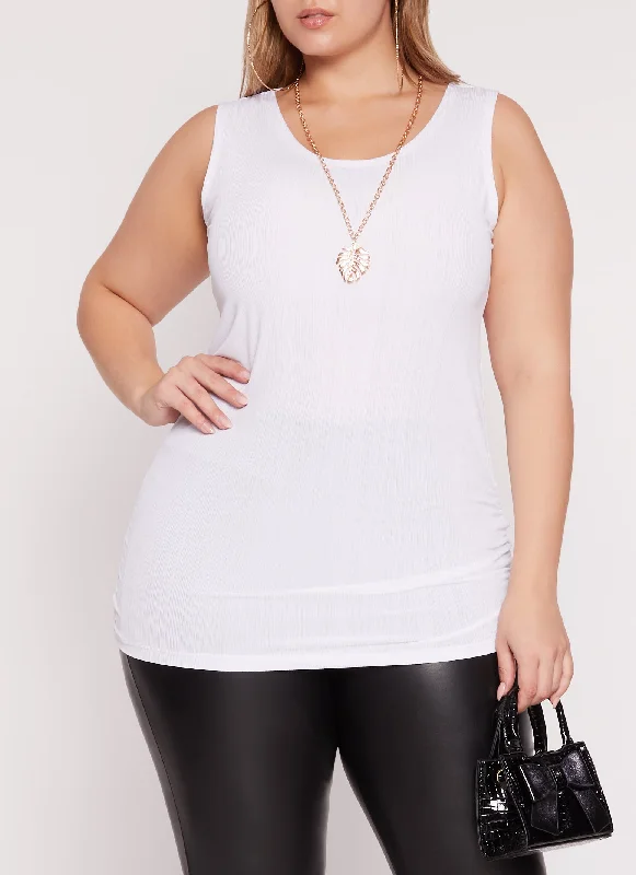 Plus Size Rib Knit Ruched Tank Top with Necklace