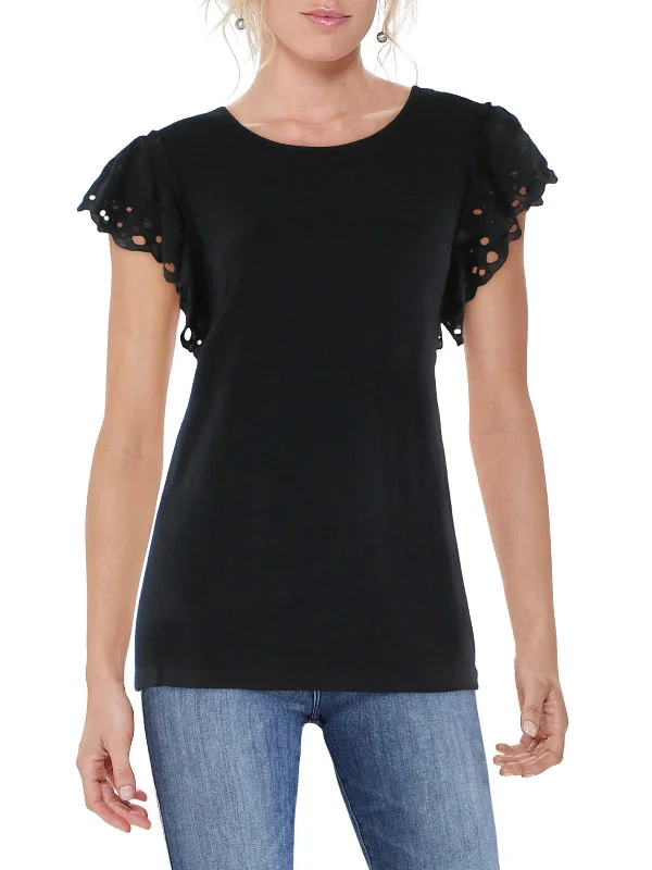 Womens Eyelet Ruffled Sleeve Pullover Top