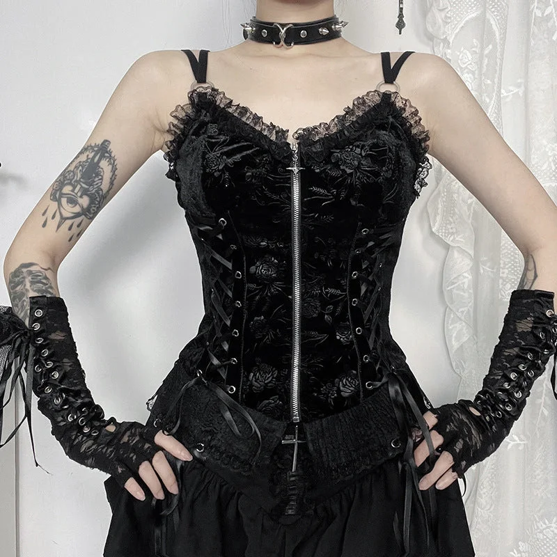 Women's Gothic Lace-up Strap Mesh Lace Tank Top