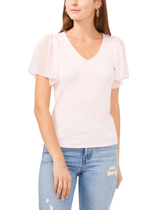 Womens Ribbed V-Neck Pullover Top