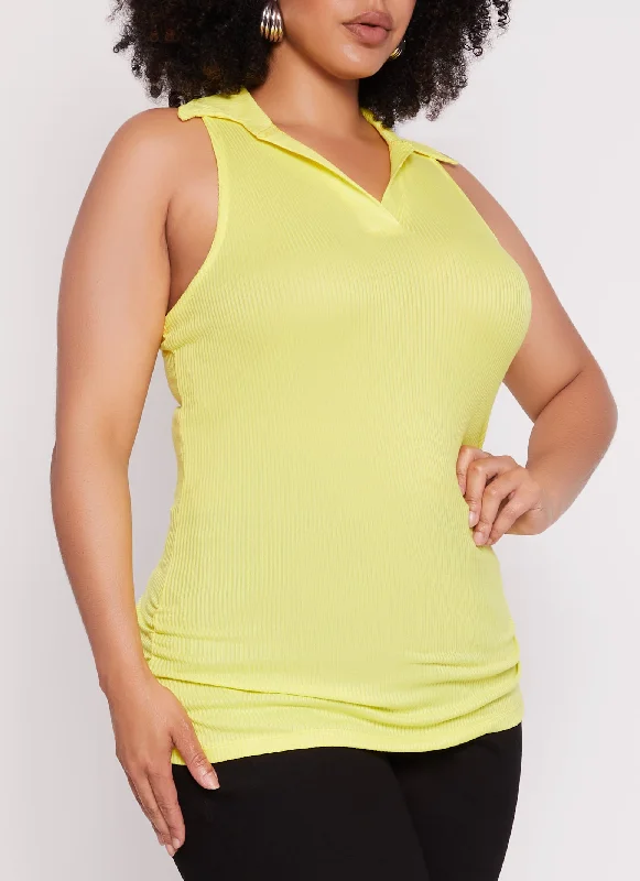 Plus Size Sleeveless Rib Knit Collared Top