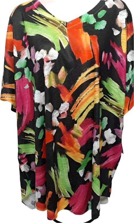 Jess & Jane 60-1674 Blossom Black/Multi Color Pullover V Neck 1/4 Sleeve Women's