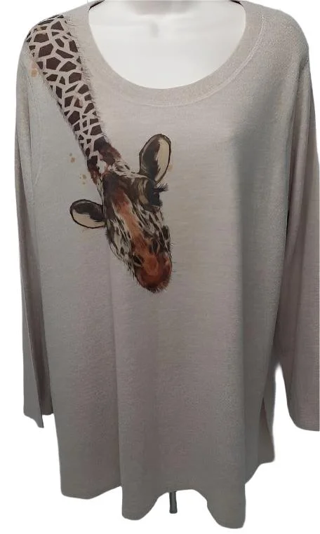 Shirt  Pullover  Biege Giraffe Long Sleeve Women's-T515bM