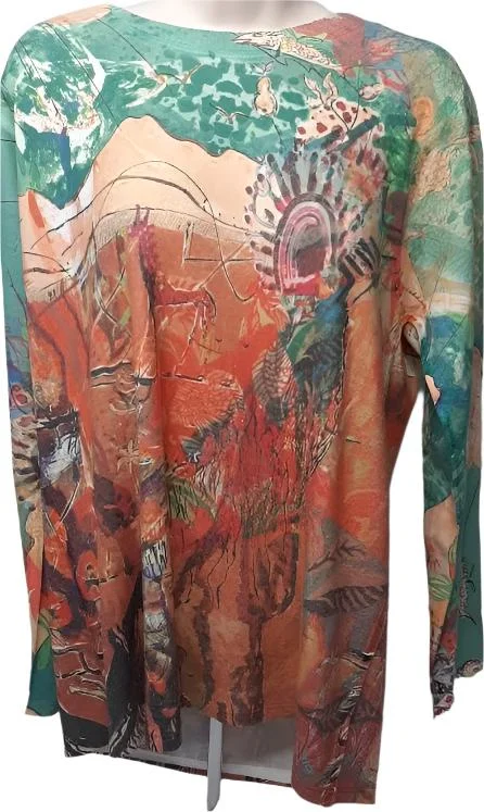 Shirt  Pullover Green /Orange Abstract  Long Sleeve Women's-T979tH