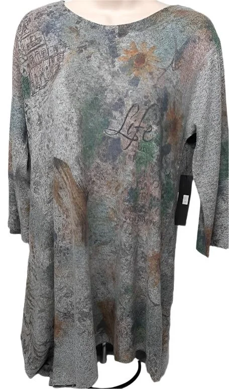 Shirt  Pullover Grey  Abstract 3/4 Sleeve Women's-T345bG