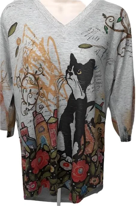 Shirt  Pullover Grey Cat Abstract V-Neck  3/4 Sleeve Women's-T350fL