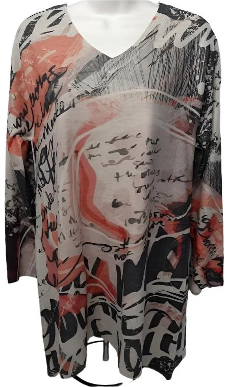 Shirt  Pullover Multi Color Biege  Abstract 3/4 Sleeve Women's-T485bM