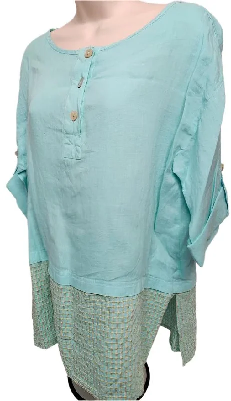 Top 3/4 Button Cuffed Sleeve 3 Button Pullover Aqua Women's Plt2137