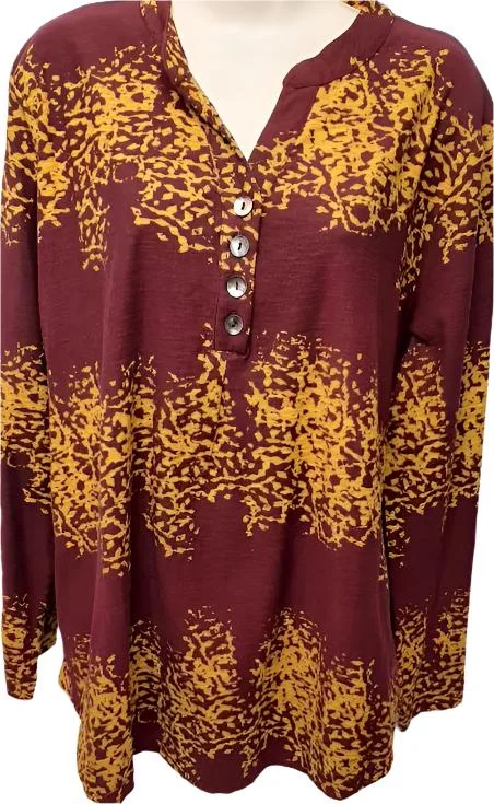 Top Plum/Mustard Button Front Pullover Long Sleeve 2 Pocket Women's 2247