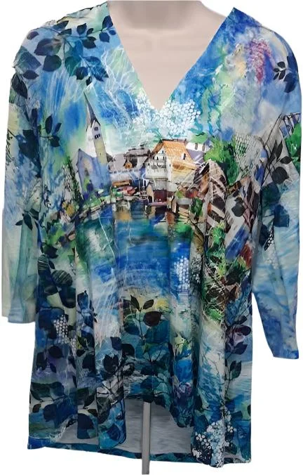 Top Pullover V Neck 3/4 Sleeve BlueTown Print  Womens t1272k mm63